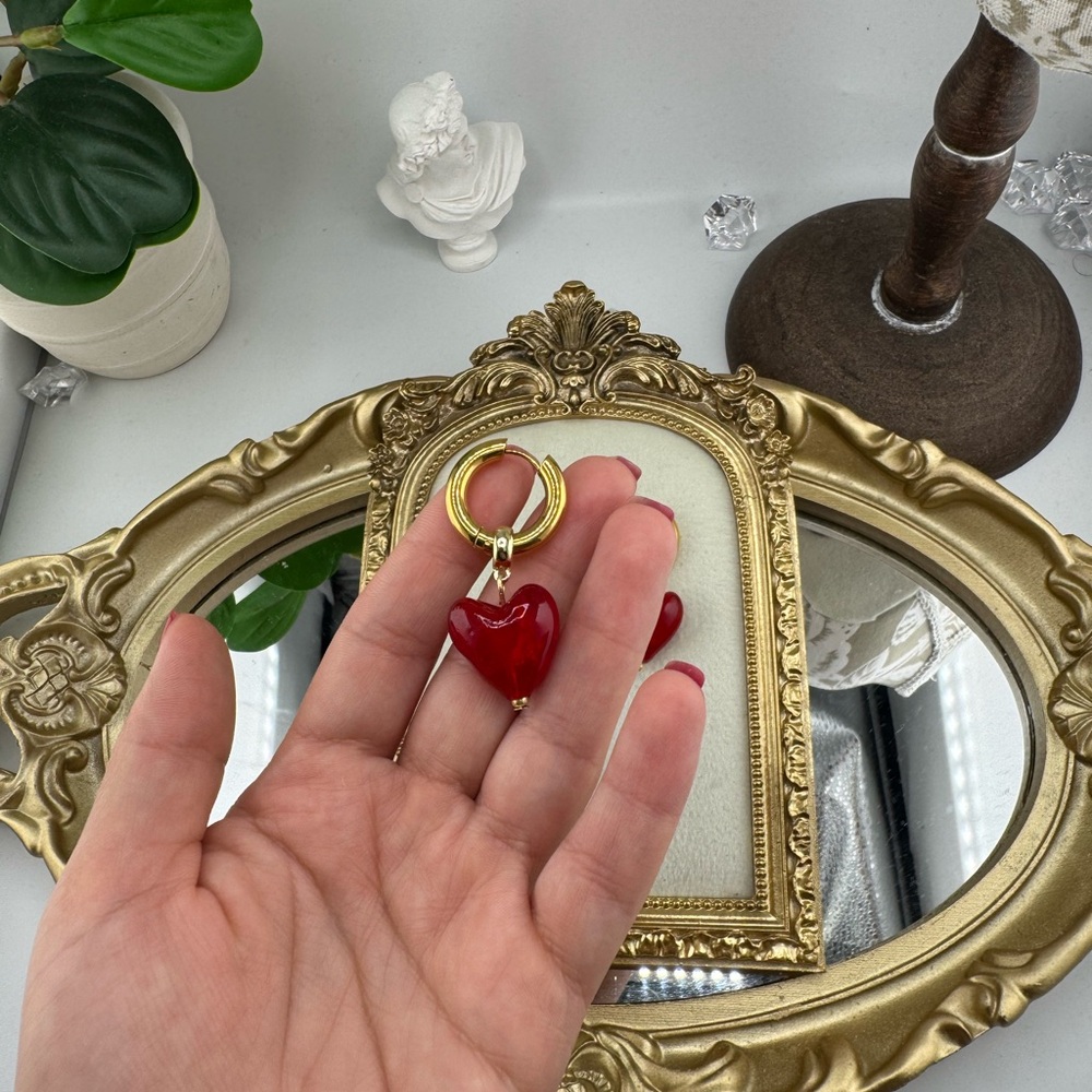 Gold Hoop Earrings with Red Heart Charm – Romantic & Playful - Picture 7 of 12